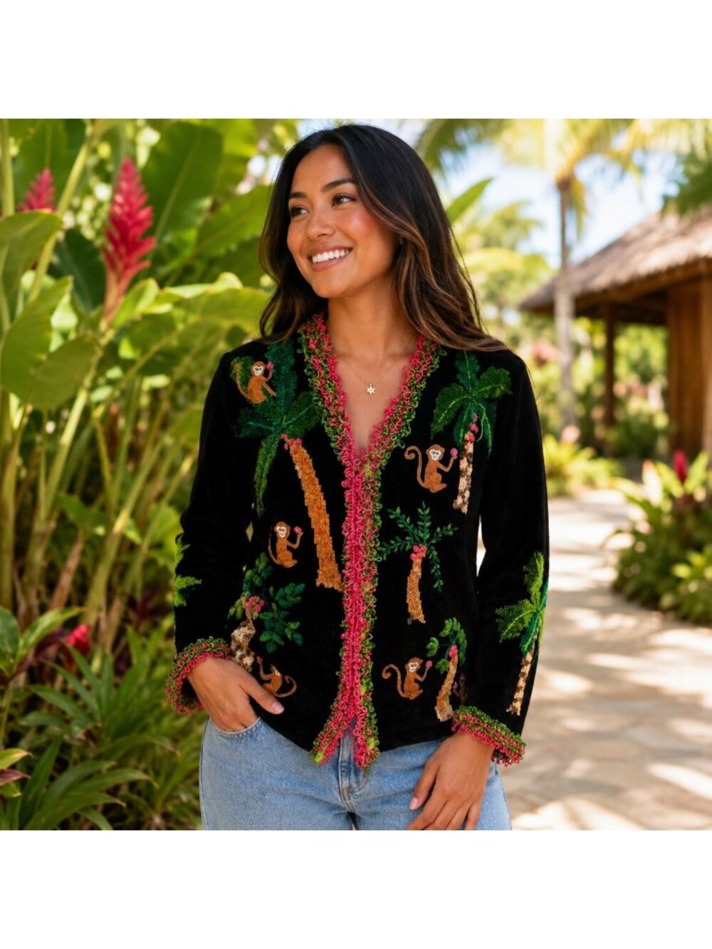 That Sweater Monkey Palm Tree Embroidered Cardigan Black Loop Trim Tropical